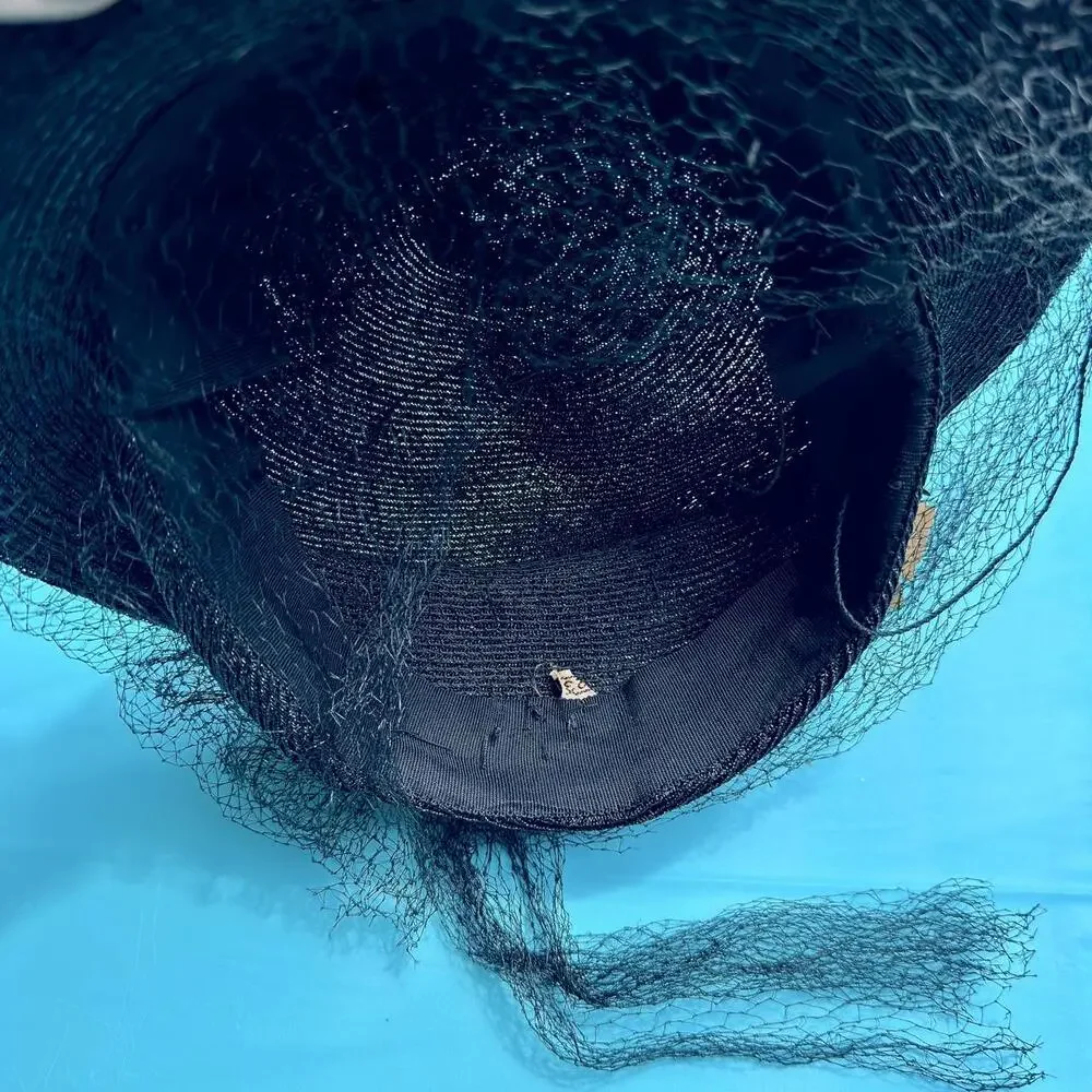 40s black straw cartwheel tilt hat w/ lavender & orange fabric daisies & veil